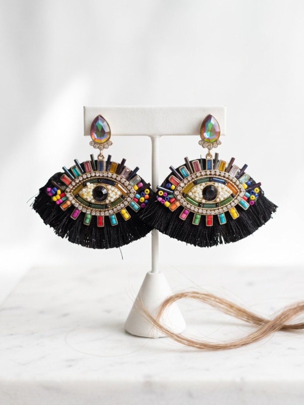 Colorful Beaded & Crystal Evil Eye Earrings w/fringe